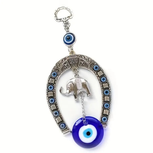 NWT Ornate Silver Metal Elephant🐘 Blue Evil Eye 🧿 Horseshoe Hanging Decoration - Picture 4 of 11